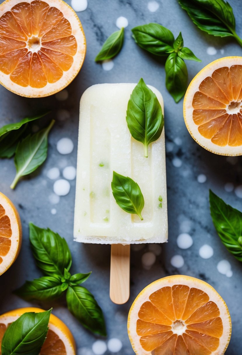 A refreshing white grapefruit popsicle with basil leaves on a wooden popsicle stick, surrounded by sliced white grapefruit and fresh basil leaves