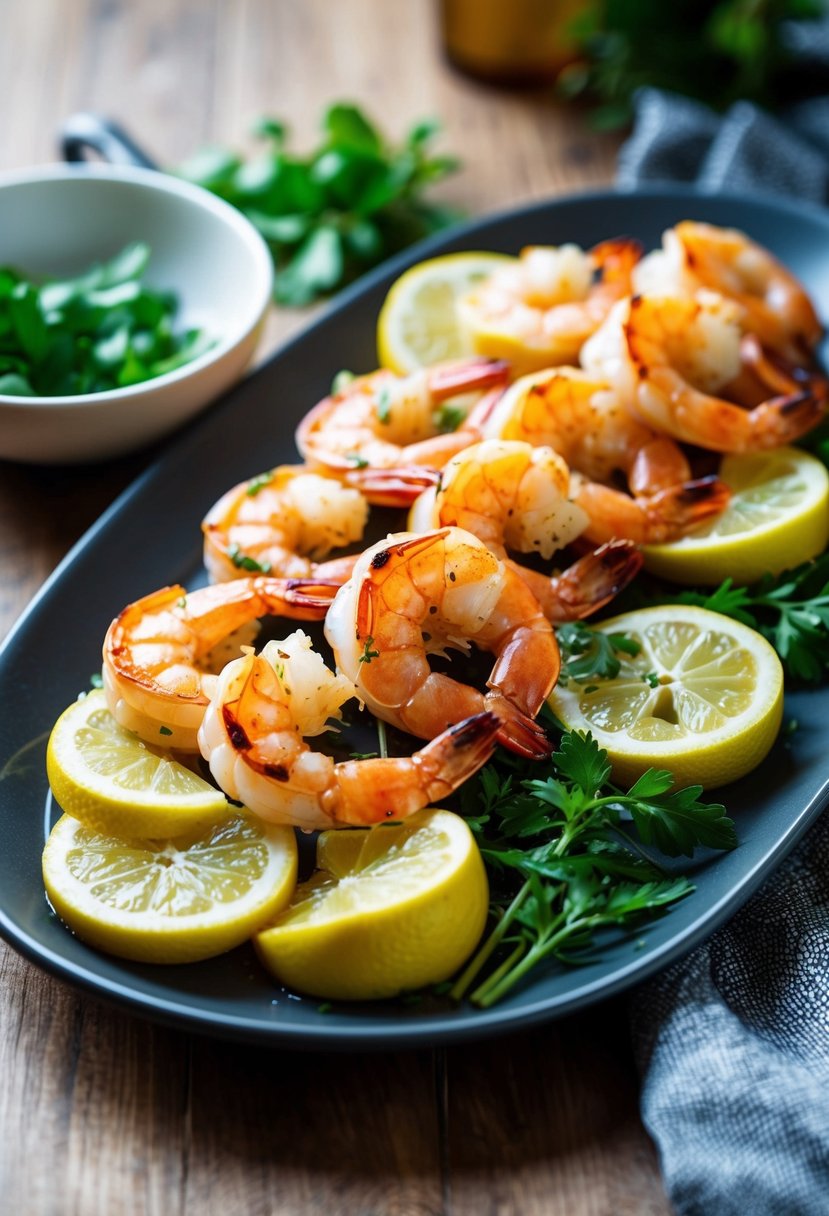 A platter of grilled shrimp with lemon slices and fresh herbs