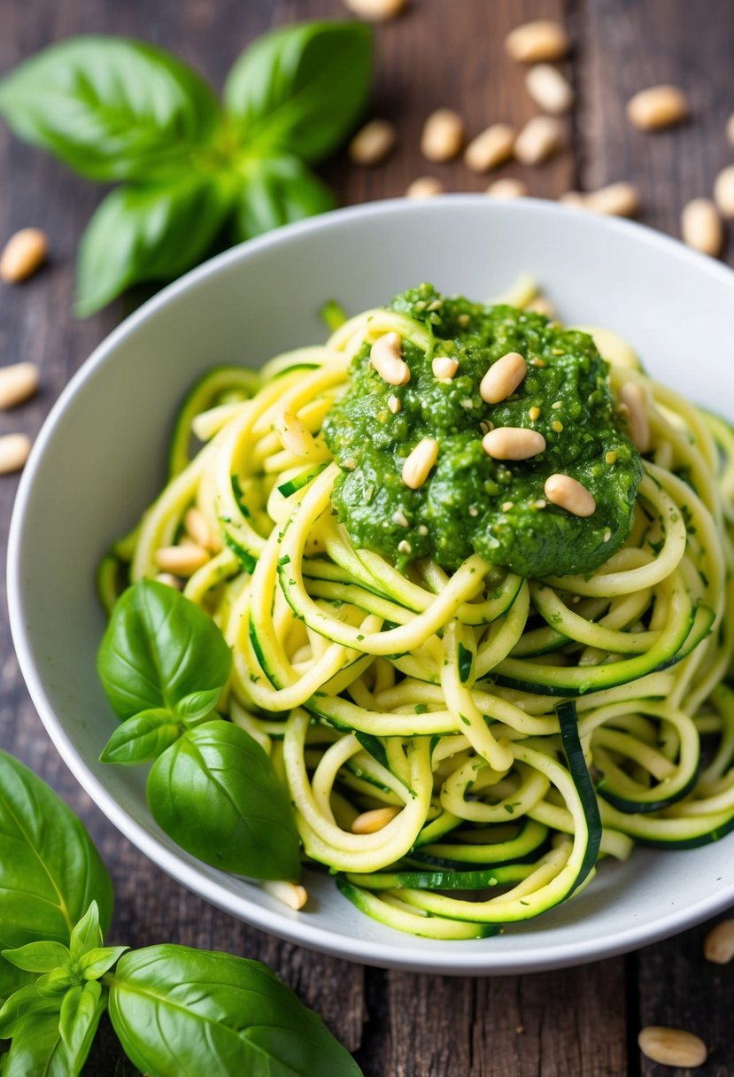 A bowl of zucchini noodles topped with vibrant green pesto, surrounded by fresh basil leaves and pine nuts, set on a rustic wooden table