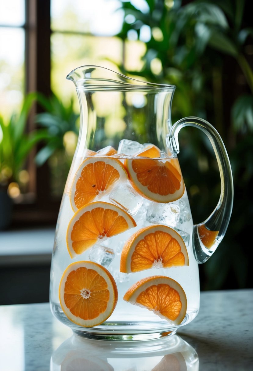 A clear glass pitcher filled with ice water and sliced white grapefruit floating inside