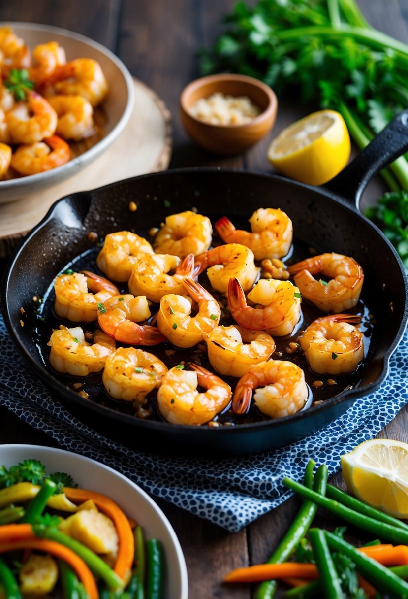 A sizzling skillet holds succulent shrimp coated in a glossy honey garlic sauce, surrounded by vibrant stir-fried vegetables