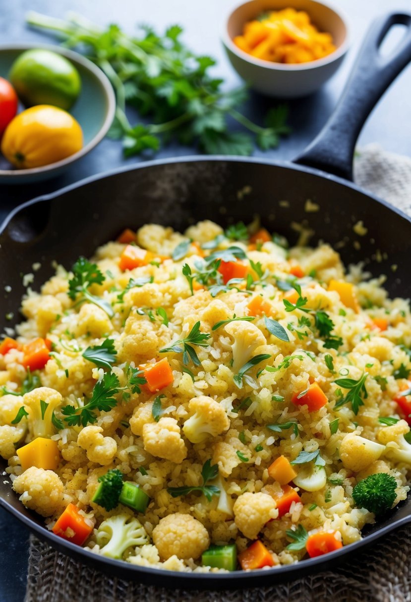 A sizzling skillet of cauliflower rice stir-fry with colorful low carb vegetables and aromatic herbs, arranged in an aesthetically pleasing composition