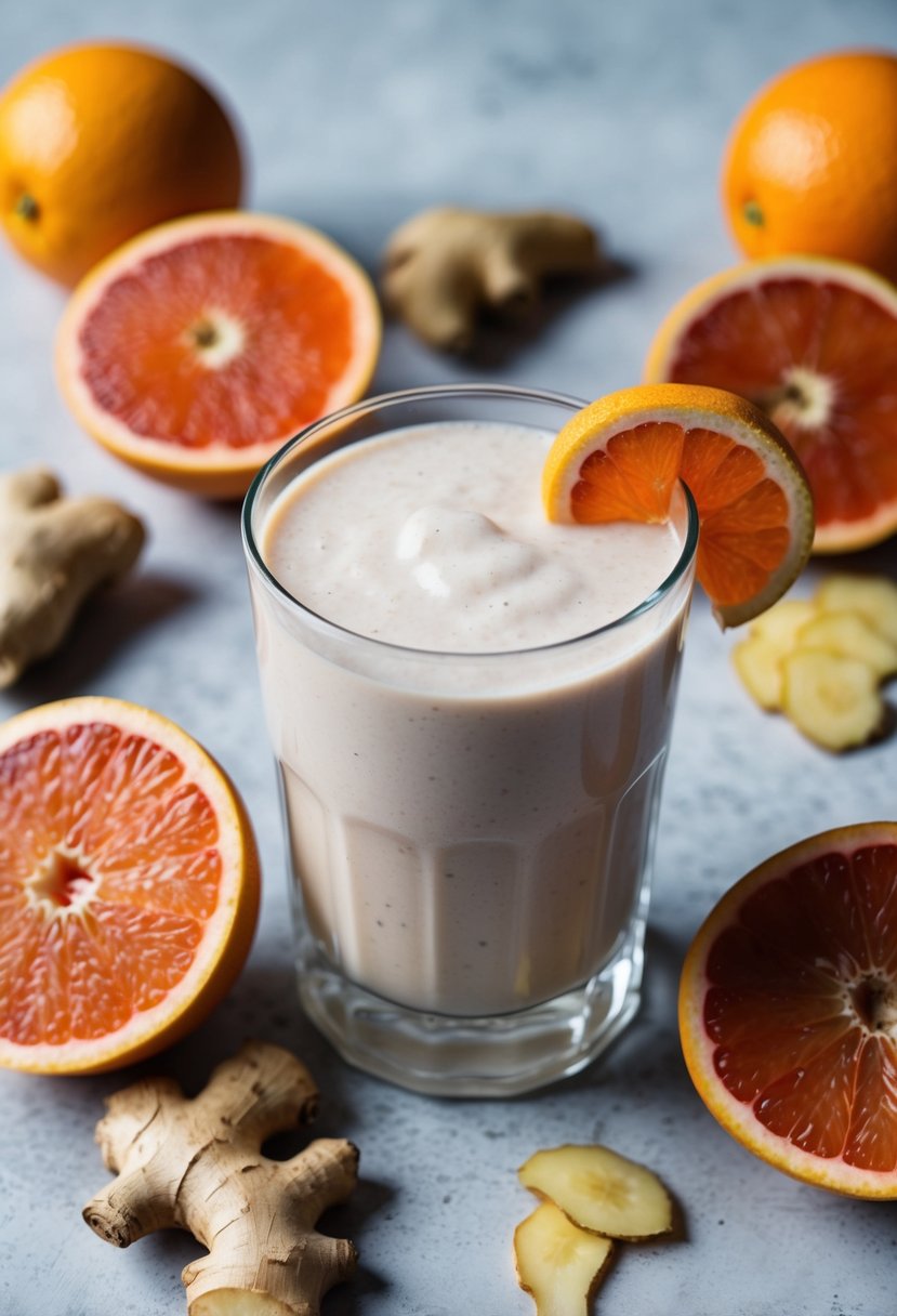 A glass of white grapefruit and ginger smoothie surrounded by fresh whole grapefruits and ginger root