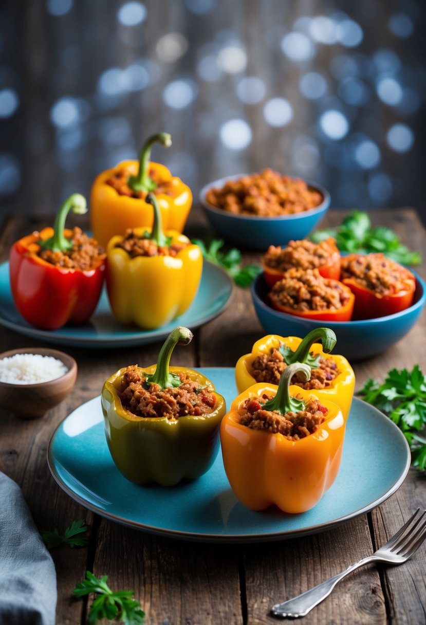 A rustic wooden table set with colorful stuffed bell peppers, ground turkey, and low-carb ingredients