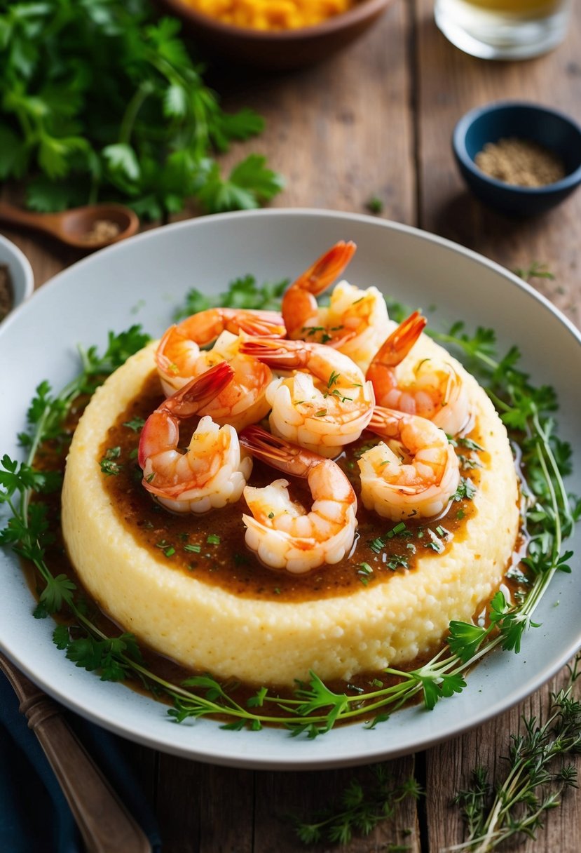 A steaming plate of shrimp and grits on a rustic wooden table, surrounded by fresh herbs and spices