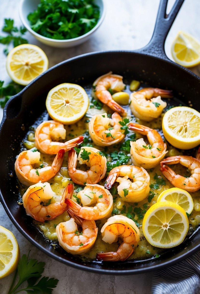 A sizzling skillet of baked shrimp scampi with garlic, butter, and herbs, surrounded by lemon wedges and garnished with fresh parsley