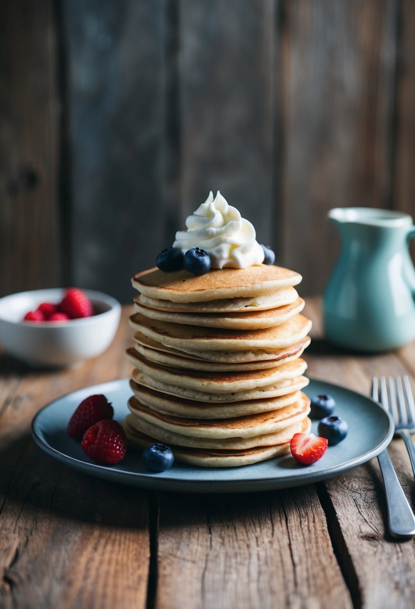 A stack of almond flour pancakes with berries and a dollop of whipped cream on a rustic wooden table