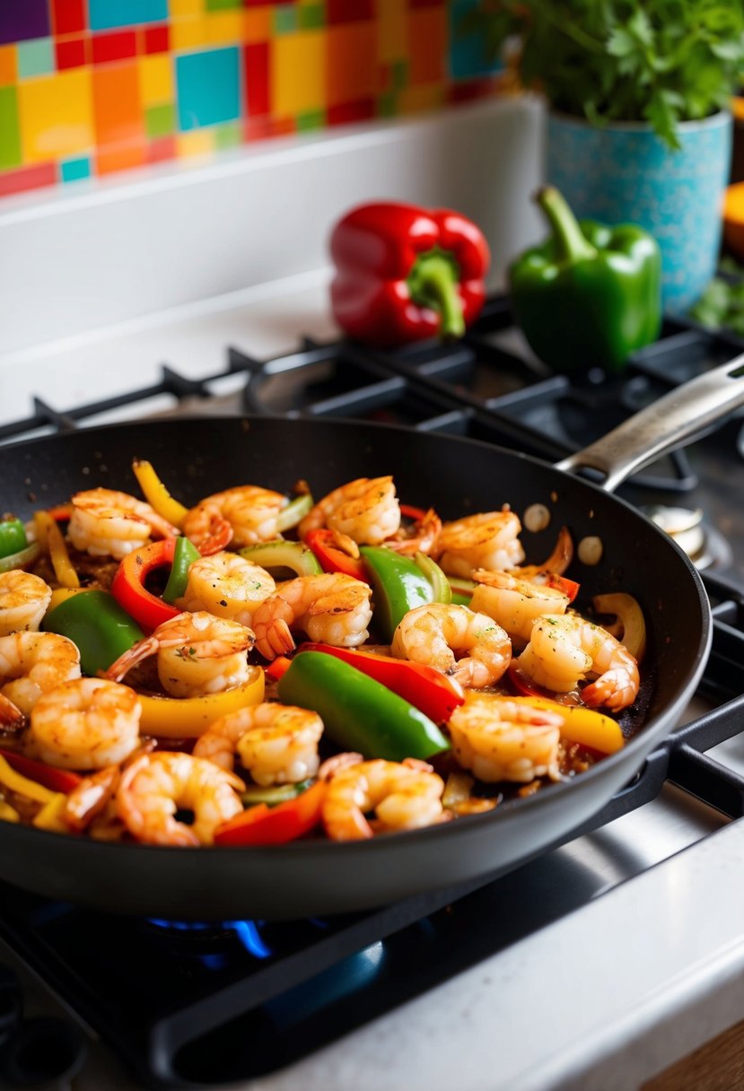 A sizzling skillet of shrimp fajitas with colorful bell peppers and onions cooking on a stovetop