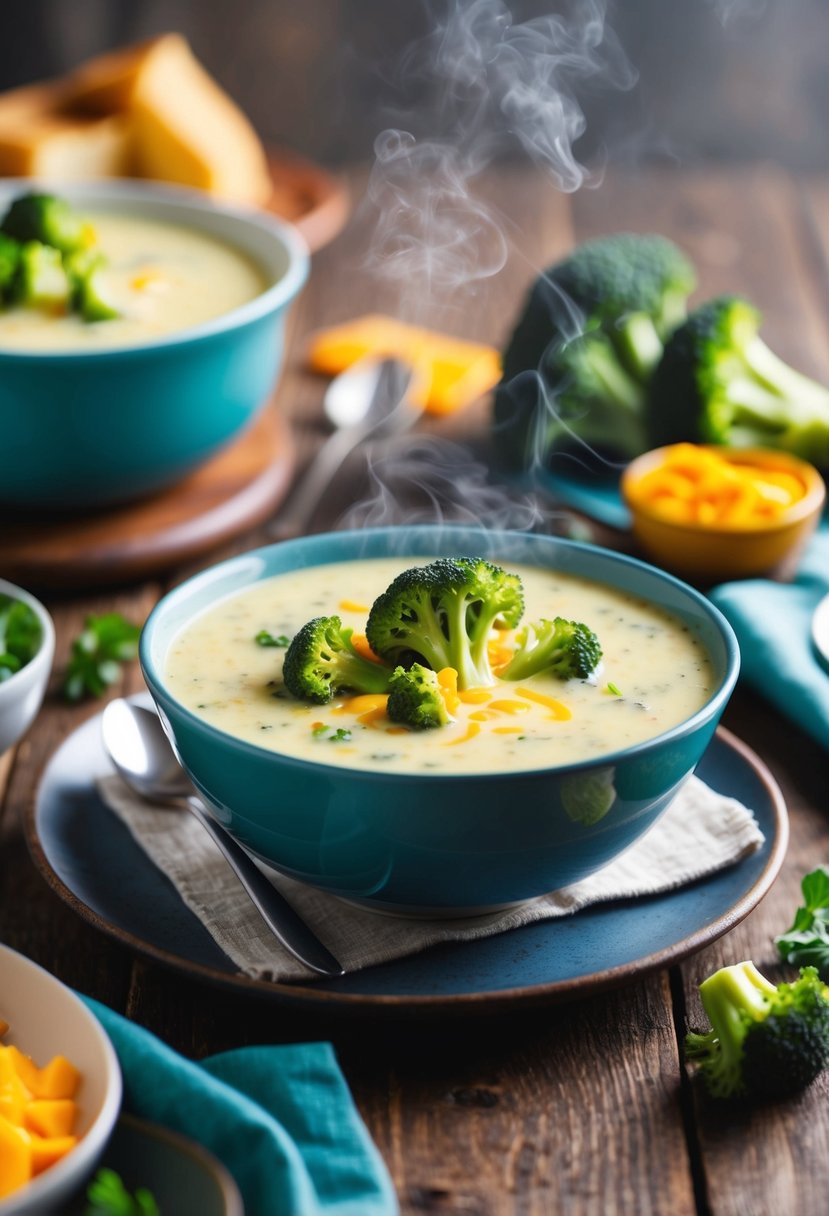 A steaming bowl of broccoli and cheese soup sits on a rustic wooden table, surrounded by colorful low-carb ingredients and a cozy, inviting atmosphere