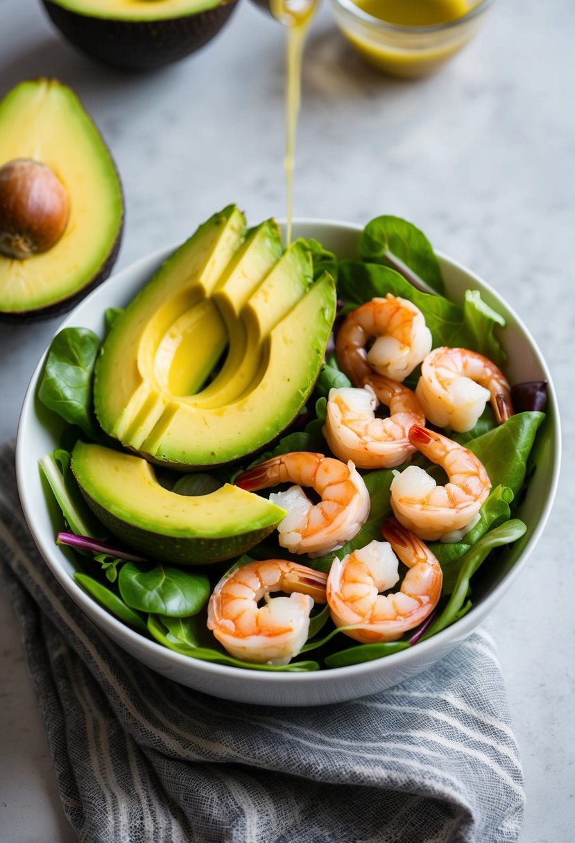 A bowl of vibrant green avocado slices and plump, pink shrimp arranged over a bed of fresh salad greens, with a drizzle of tangy vinaigrette