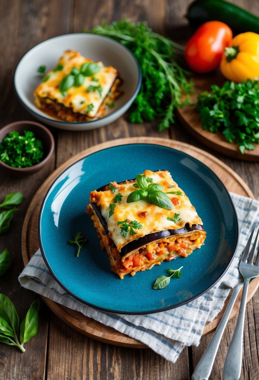 A rustic wooden table set with a colorful, layered eggplant lasagna alongside fresh herbs and vibrant vegetables, creating an inviting low-carb recipe aesthetic