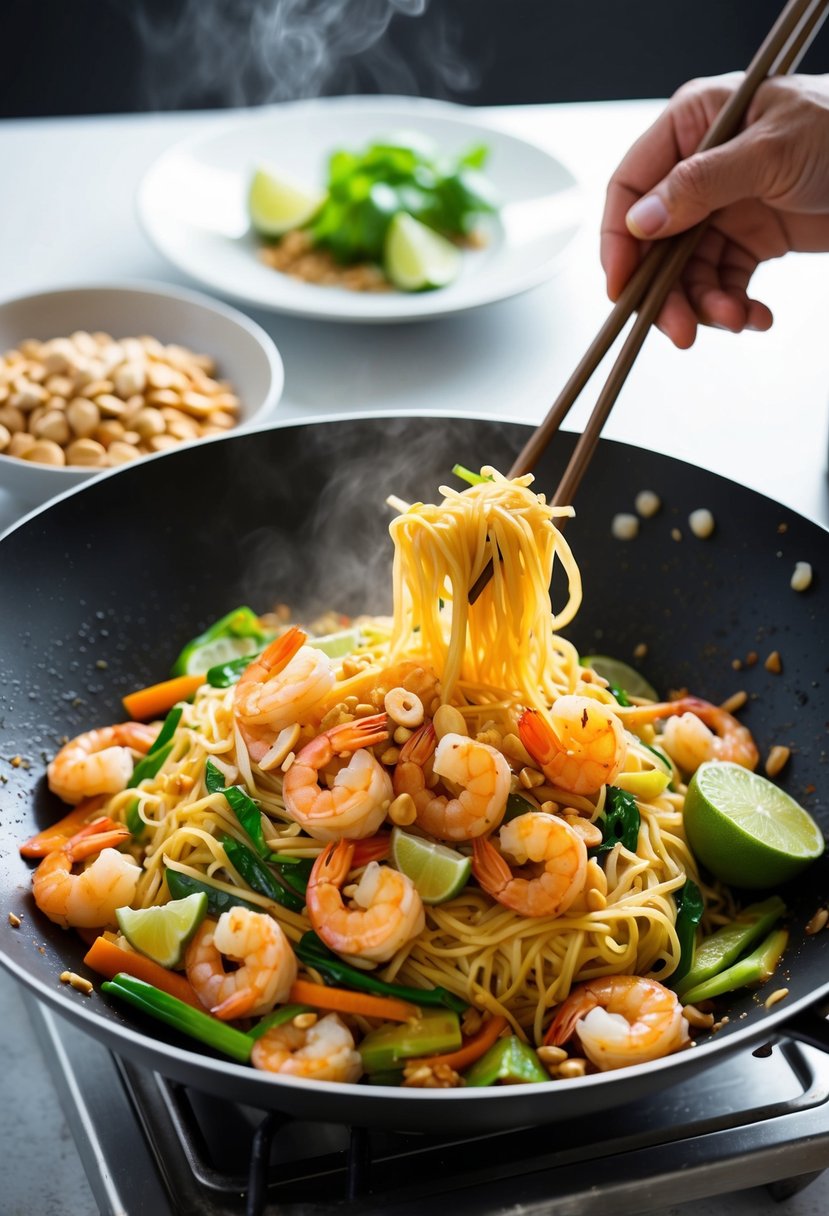 A chef stir-fries shrimp, noodles, and vegetables in a wok, adding in Pad Thai sauce and garnishing with peanuts and lime