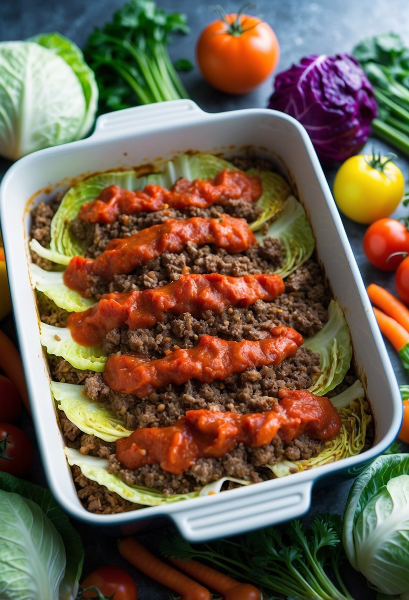 A colorful array of cabbage leaves, ground meat, and tomato sauce layered in a baking dish, surrounded by vibrant low-carb vegetables