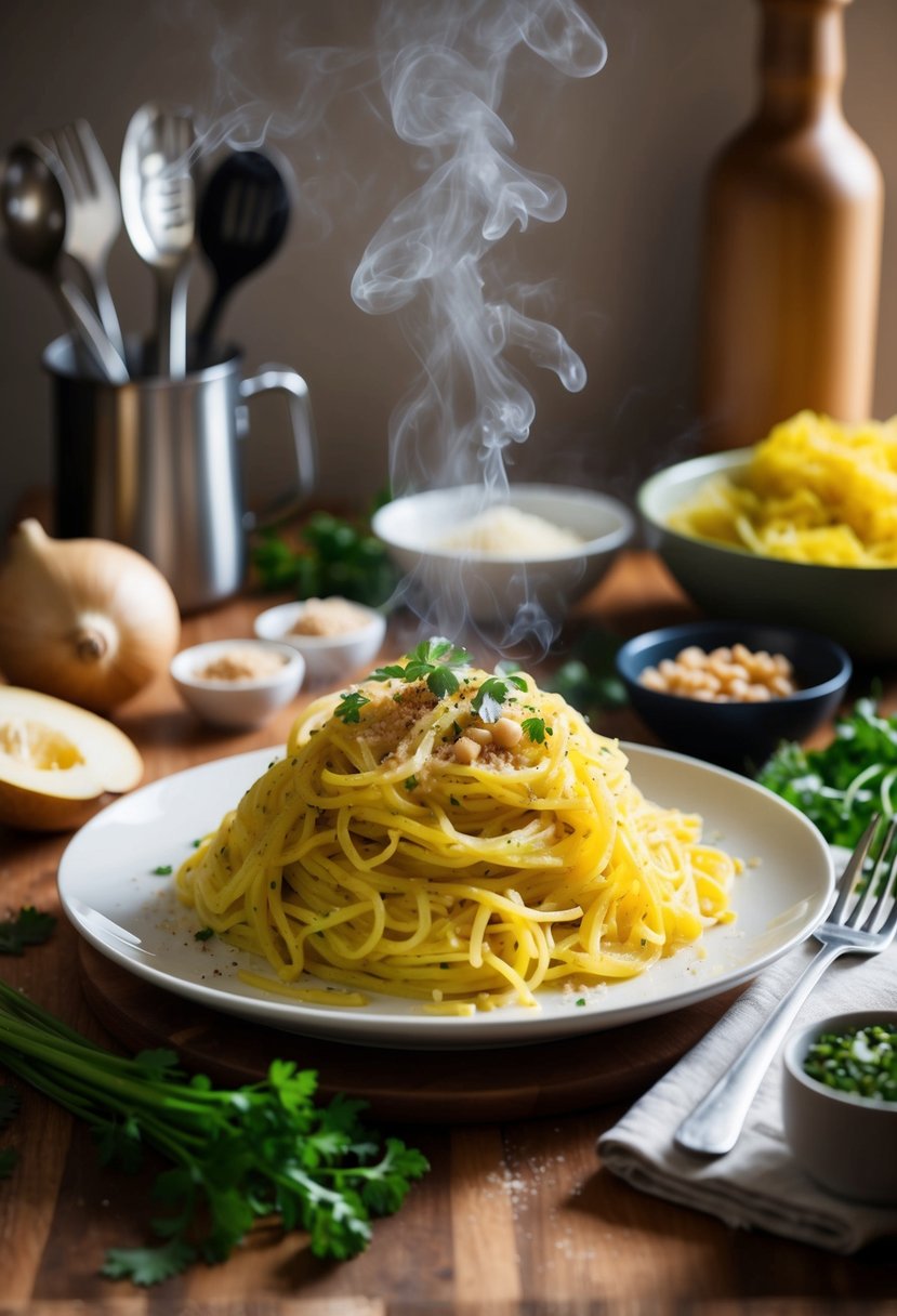 A steaming plate of spaghetti squash carbonara surrounded by fresh ingredients and kitchen utensils, with a warm, inviting ambiance