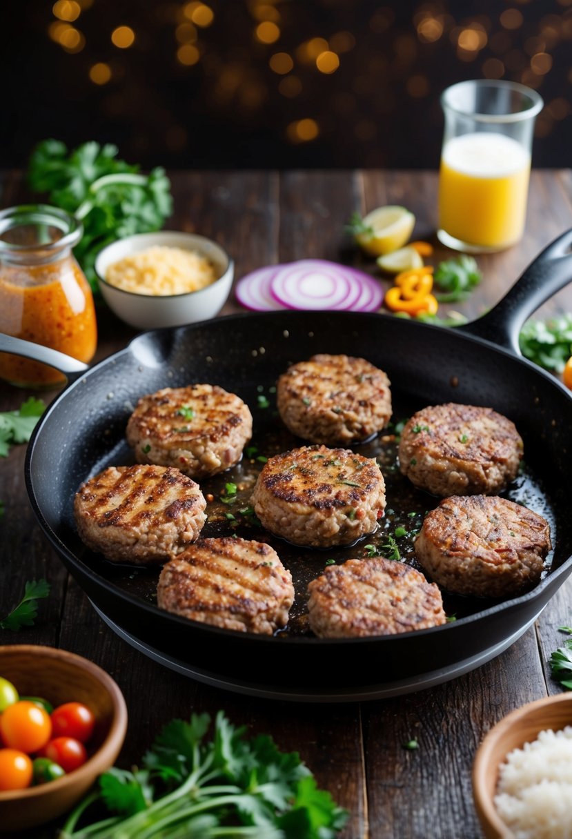 A sizzling skillet with a variety of seasoned ground meat patties and fresh ingredients ready for a hamburger recipe