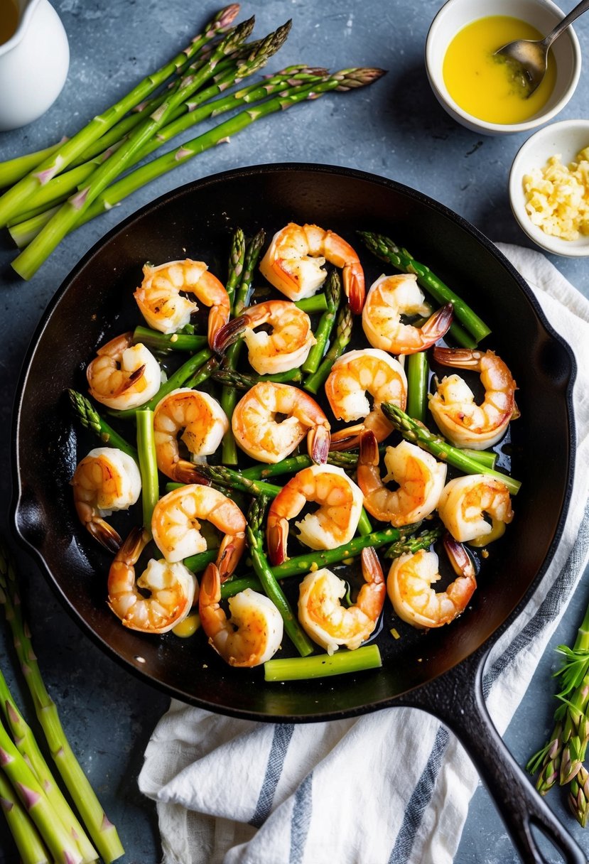 A sizzling skillet of garlic butter shrimp and asparagus, surrounded by vibrant low-carb ingredients, exuding a visually appealing and appetizing aesthetic