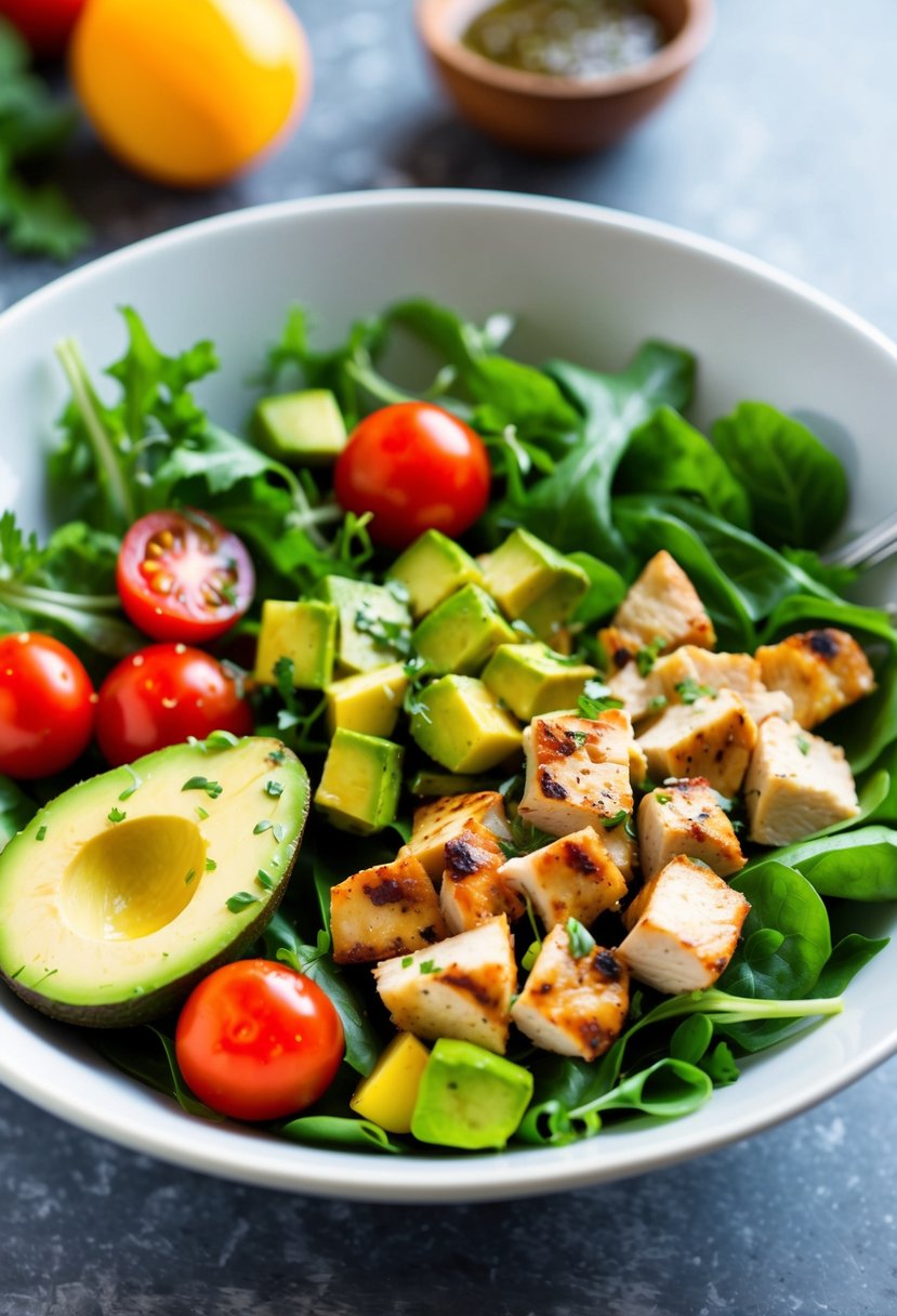 A colorful bowl filled with fresh greens, diced avocado, and grilled chicken, topped with cherry tomatoes and a drizzle of vinaigrette