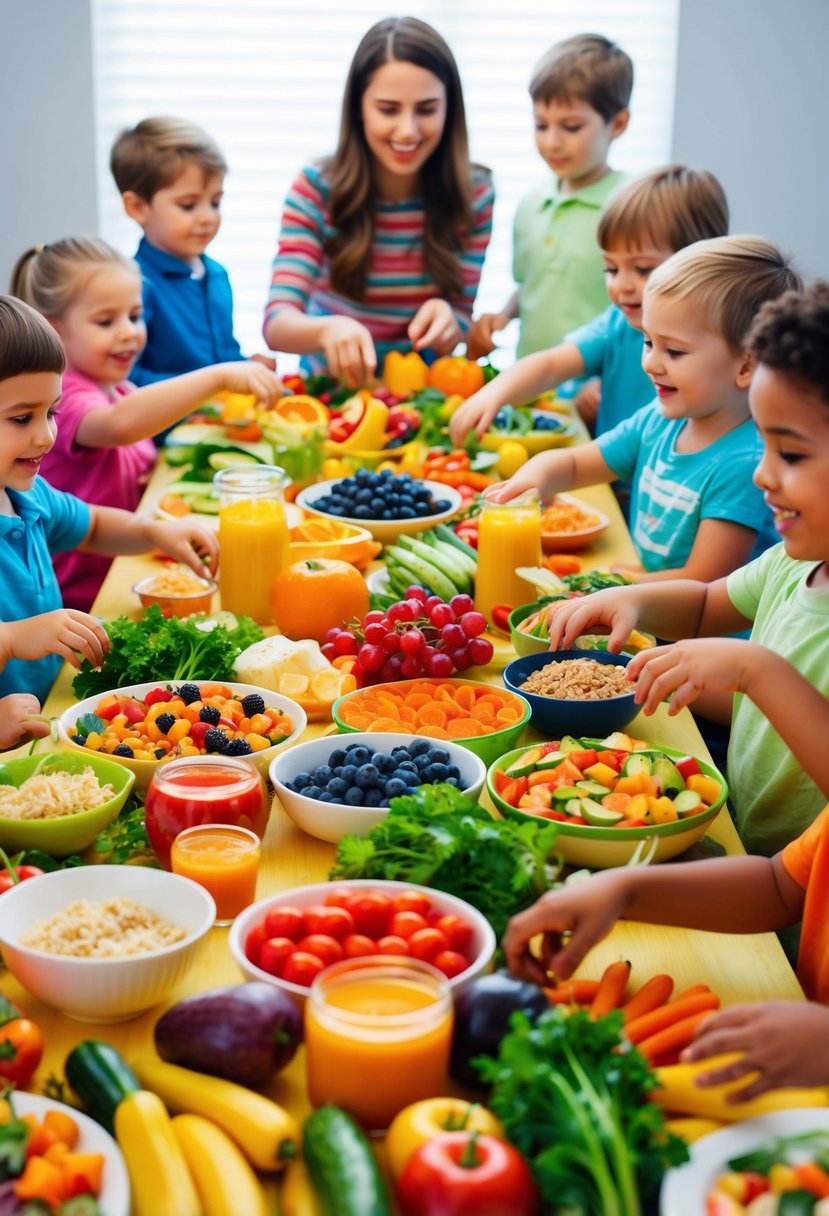 A colorful array of fruits, vegetables, and child-friendly dishes spread out on a table, surrounded by happy, smiling children eagerly reaching for their favorite foods