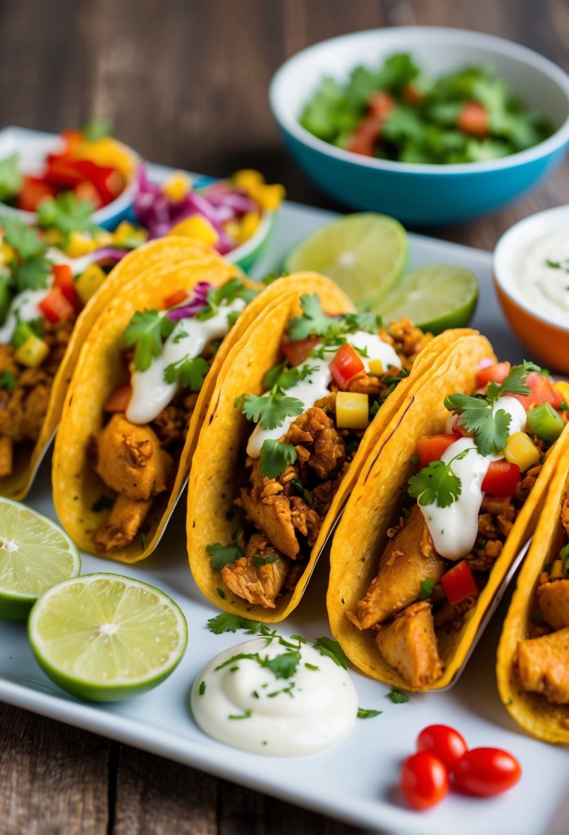 A colorful spread of chicken tacos surrounded by kid-friendly toppings and garnishes