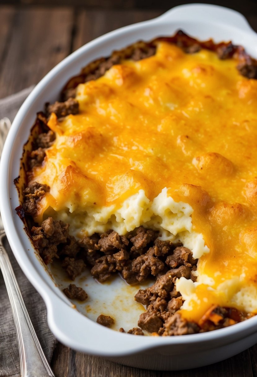 A bubbling casserole dish filled with layers of seasoned ground beef, mashed potatoes, and melted cheese, sitting on a rustic wooden table