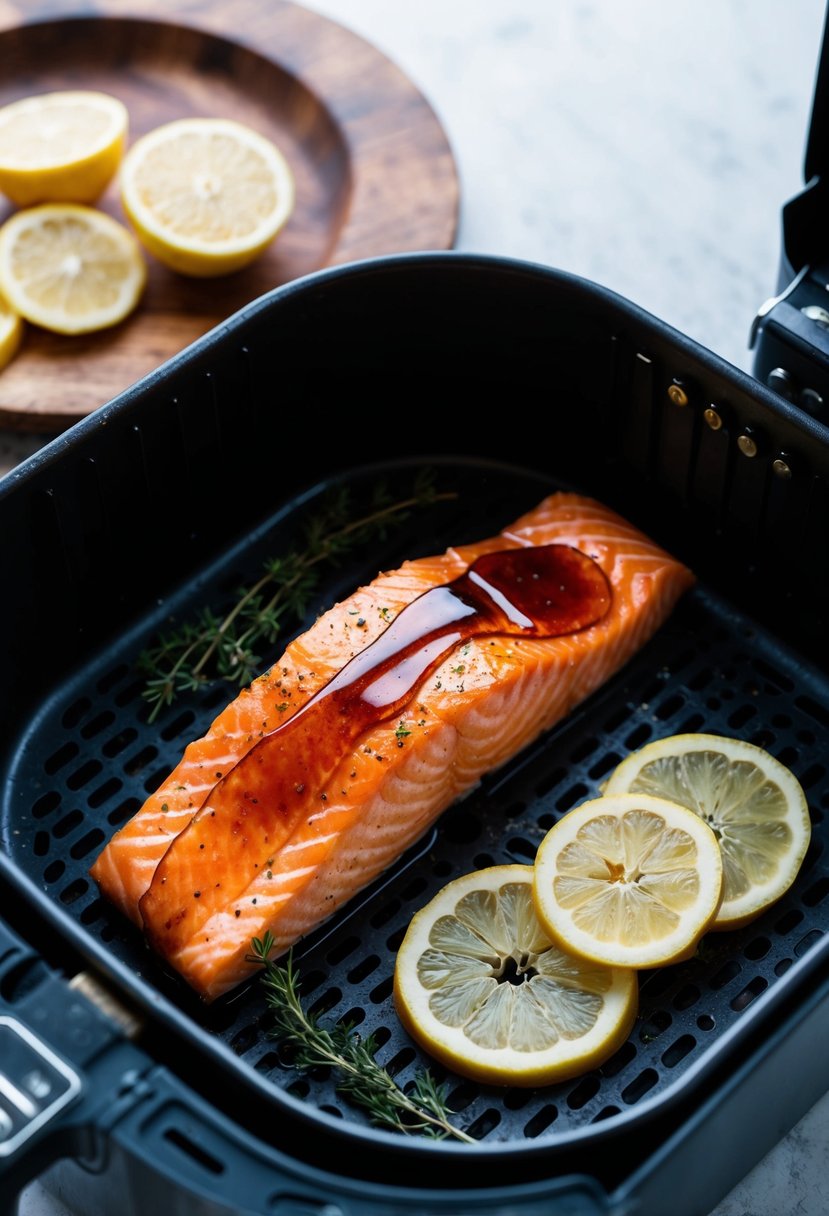 A salmon fillet drizzled with honey glaze sits in an air fryer basket, surrounded by lemon slices and herbs