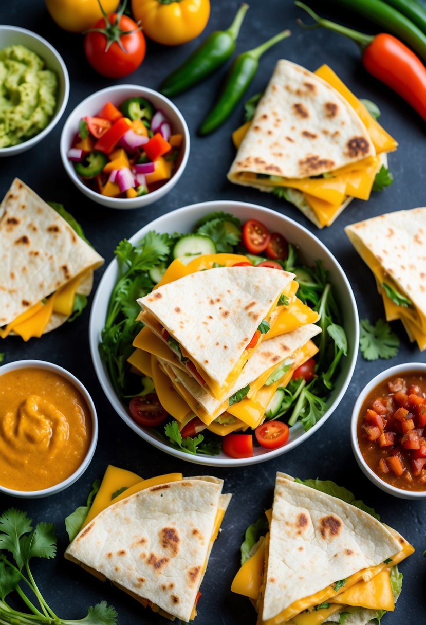 A colorful array of cheese quesadillas surrounded by vibrant vegetables and accompanied by a side of salsa and guacamole