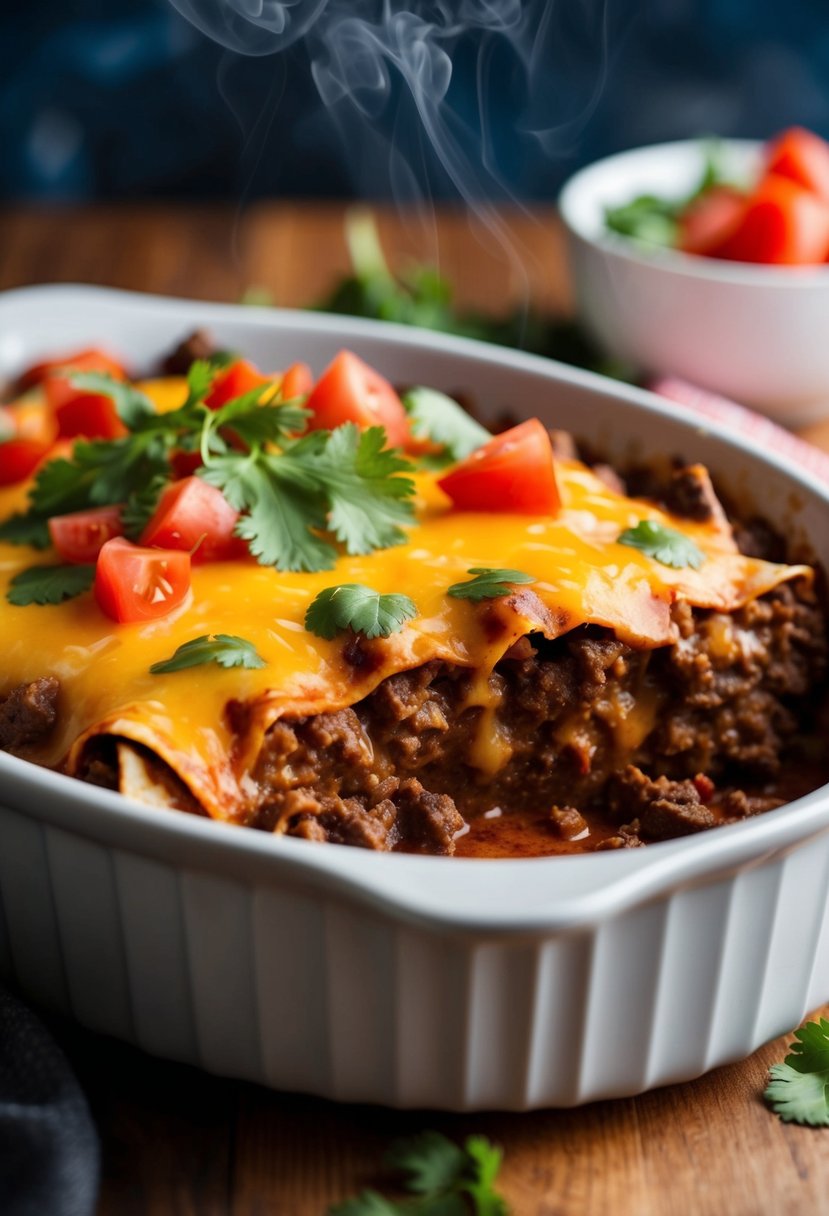 A steaming beef enchilada casserole, bubbling with melted cheese and topped with diced tomatoes and fresh cilantro