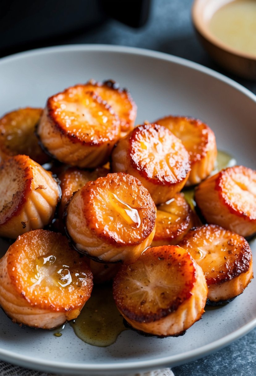 A plate of golden-brown salmon bites glistening with honey glaze, fresh out of the air fryer