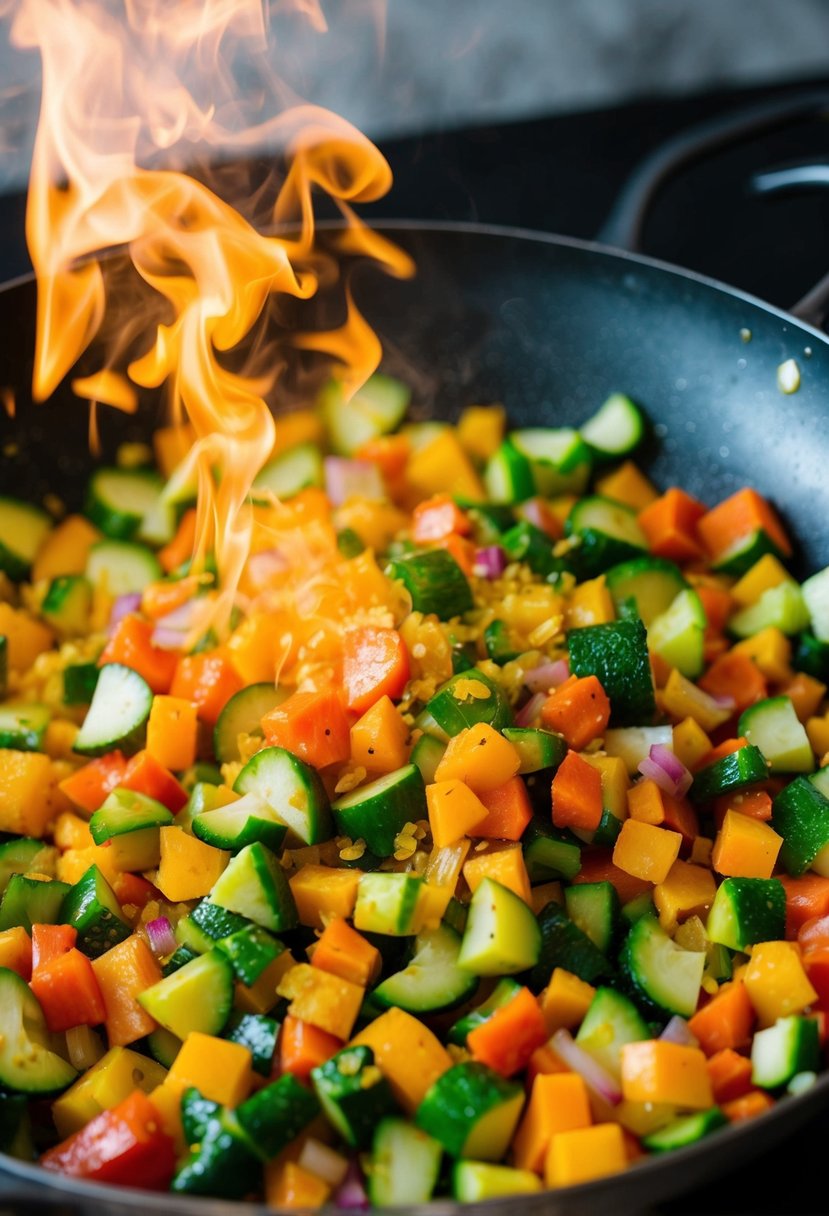 A colorful array of chopped vegetables sizzling in a hot pan, emitting a mouthwatering aroma as they are being stir-fried