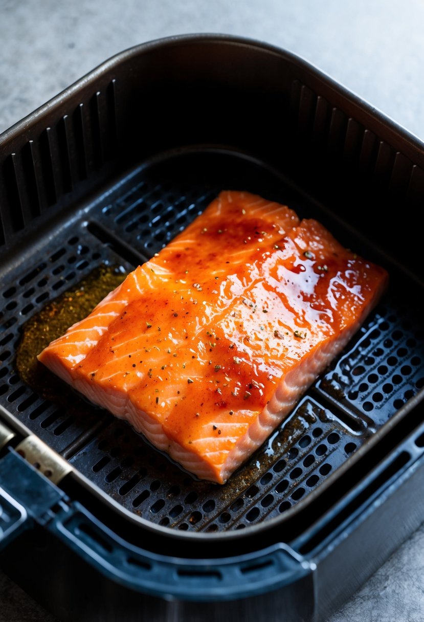 A salmon fillet coated in a sweet and spicy honey glaze sizzling in an air fryer