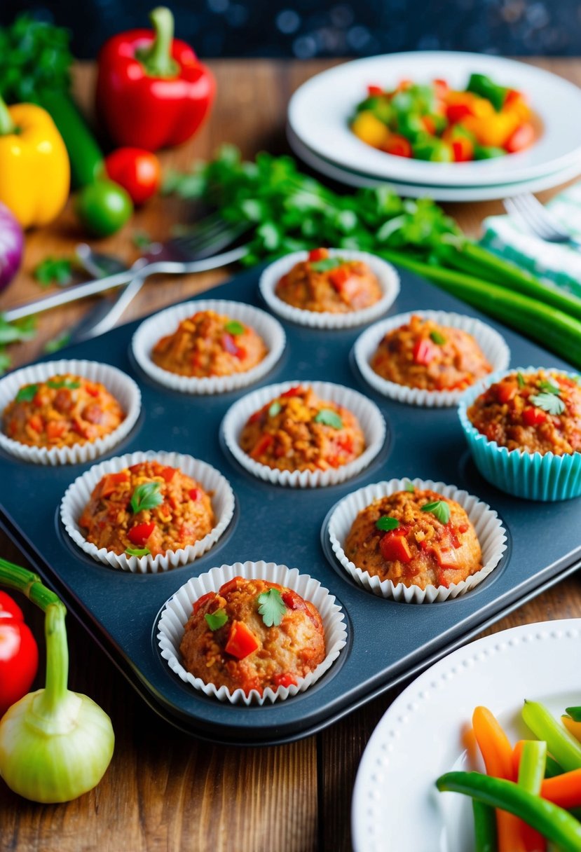 A tray of mini meatloaf muffins surrounded by colorful vegetables and a playful dinner setting