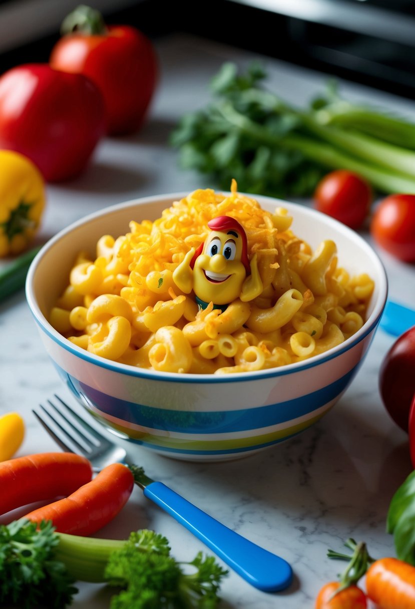 A playful kitchen scene with a child-friendly bowl of creamy mac and cheese surrounded by colorful vegetables and a smiling cartoon character