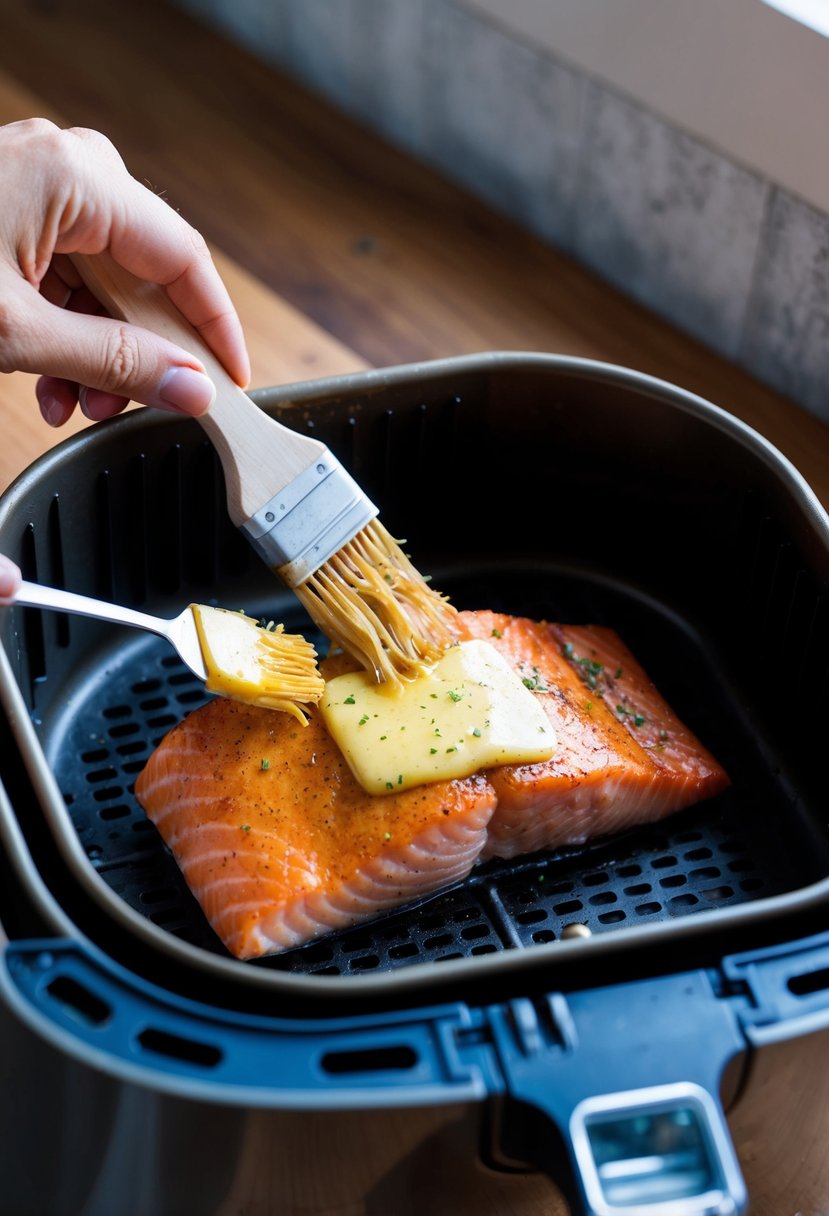 A salmon fillet is being brushed with garlic honey butter before being placed in an air fryer