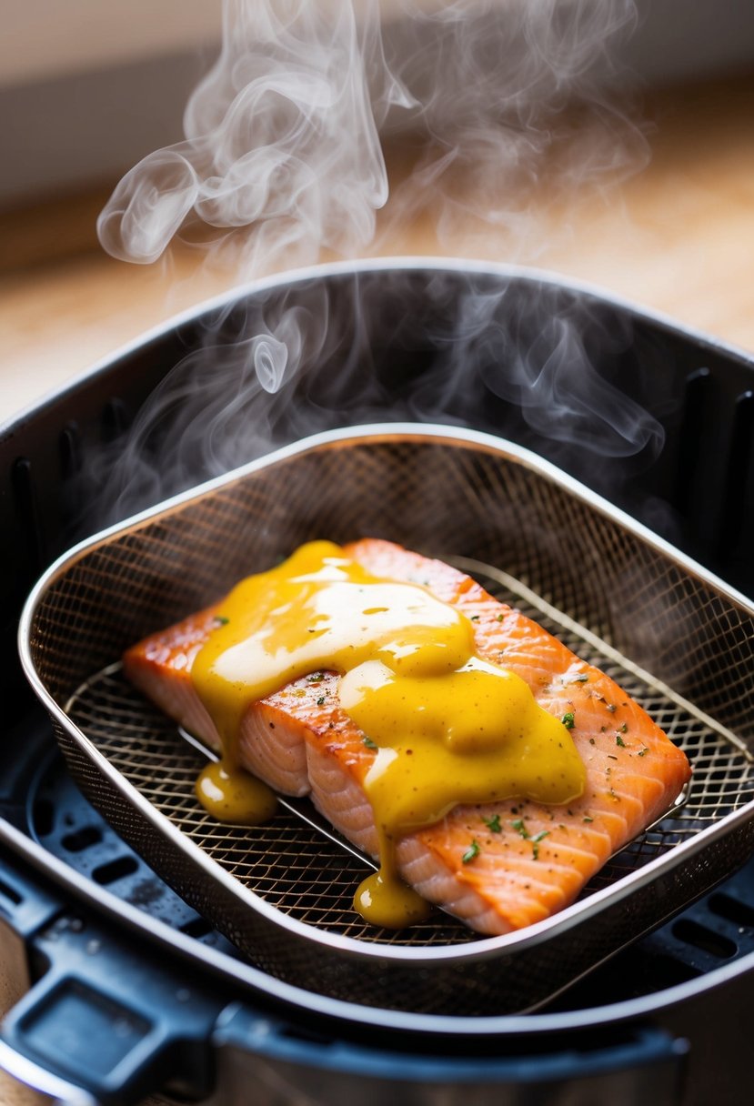 A salmon fillet coated in honey mustard sauce sits in an air fryer basket, surrounded by a light mist of steam