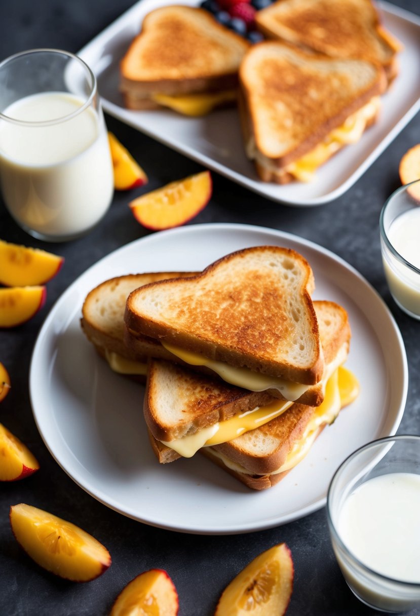 A plate of golden brown grilled cheese sandwiches surrounded by colorful fruit slices and a glass of milk