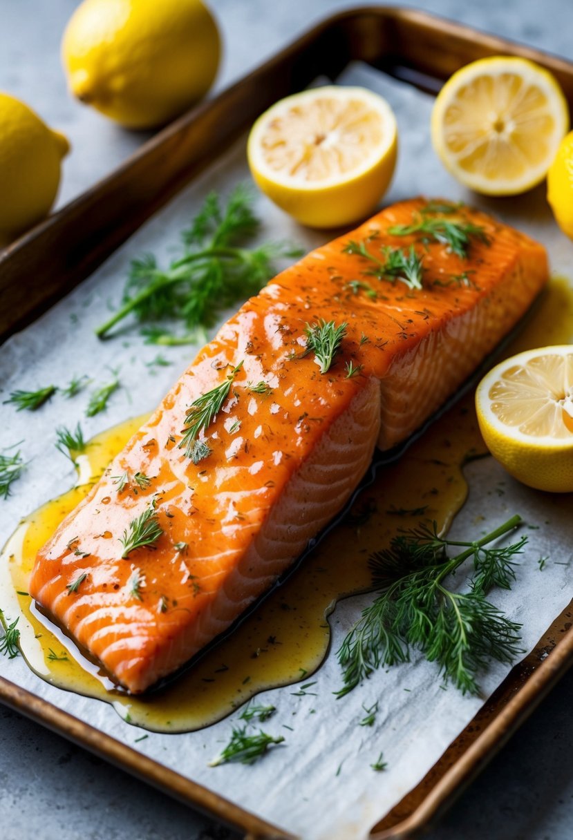 A fillet of salmon coated in a glaze of honey and dill, surrounded by fresh lemons, on a baking sheet ready to be placed in an air fryer