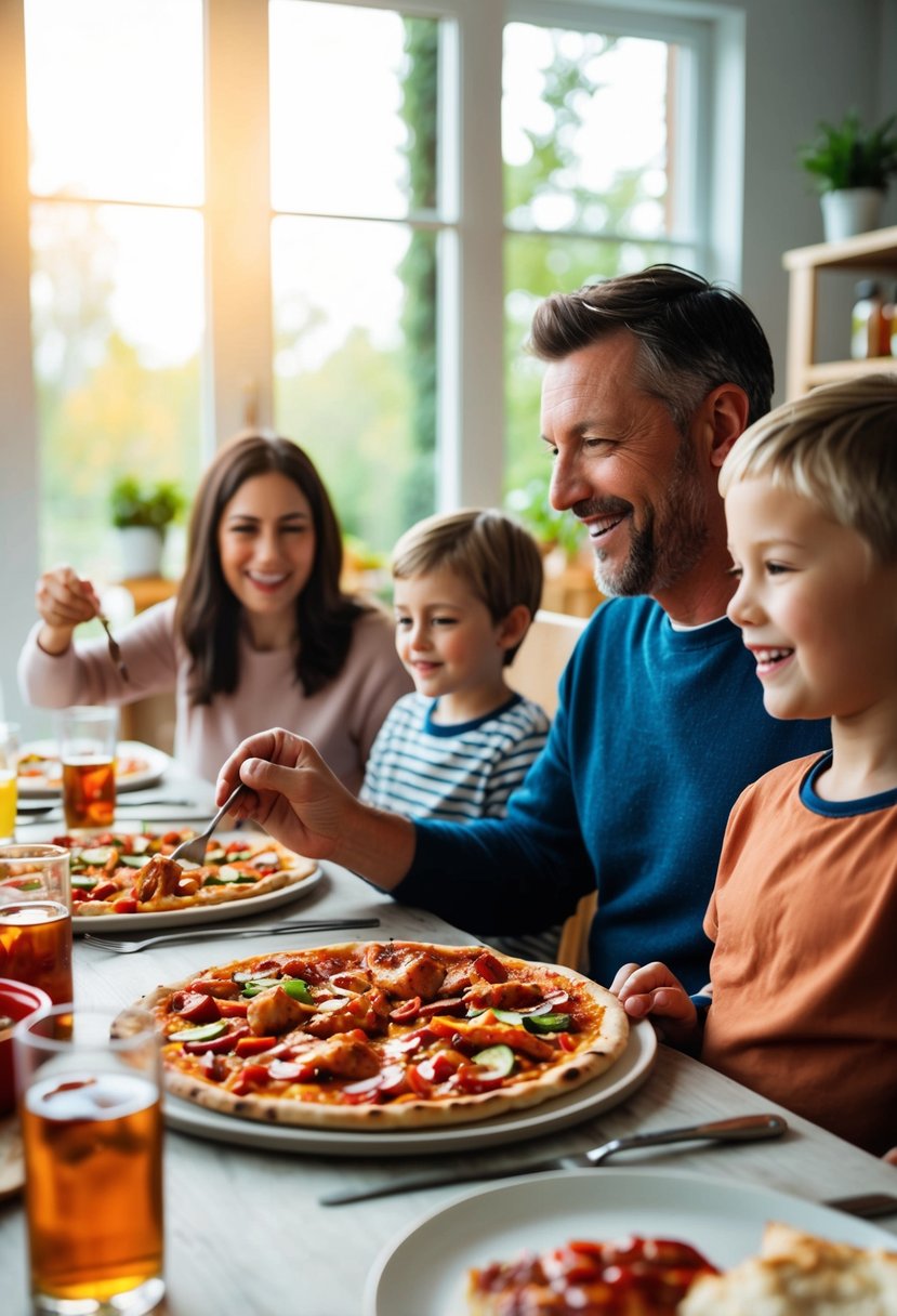 A family sitting at a dinner table, enjoying a homemade BBQ chicken pizza with colorful toppings