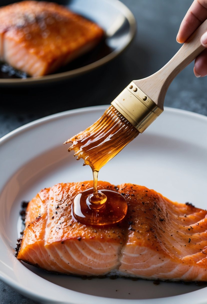 A piece of salmon being air-fried with a maple honey glaze being brushed on top