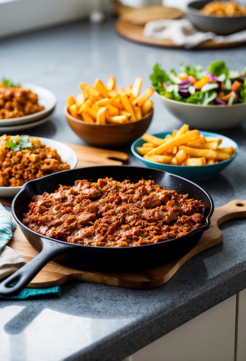 A messy kitchen counter with a skillet of Sloppy Joes, a bowl of fries, and a colorful salad on the side