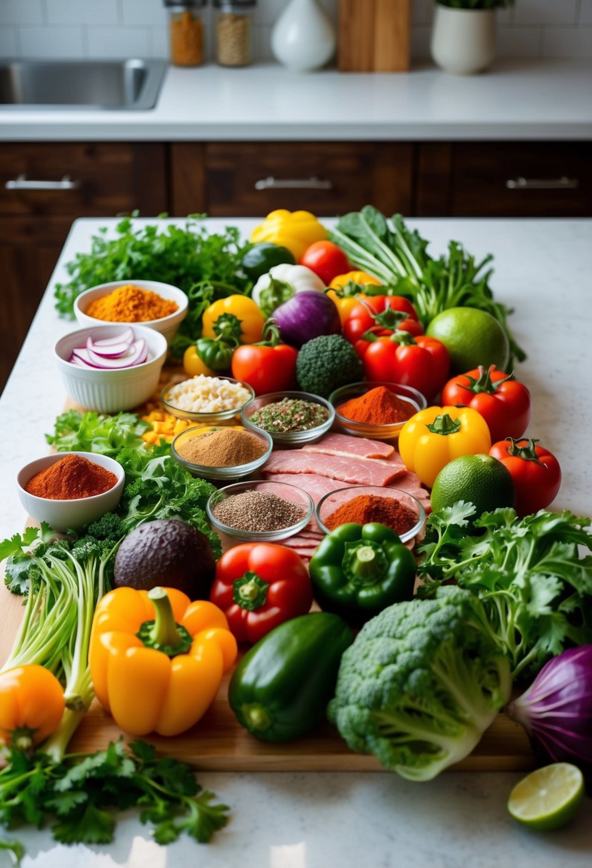 A colorful array of fresh vegetables, lean meats, and flavorful spices arranged on a kitchen counter, ready to be transformed into delicious low carb taco recipes for dinner