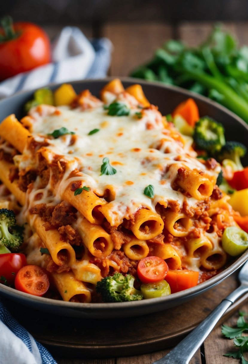 A family-style dish of baked ziti, topped with melted cheese, surrounded by colorful vegetables and served on a rustic wooden table