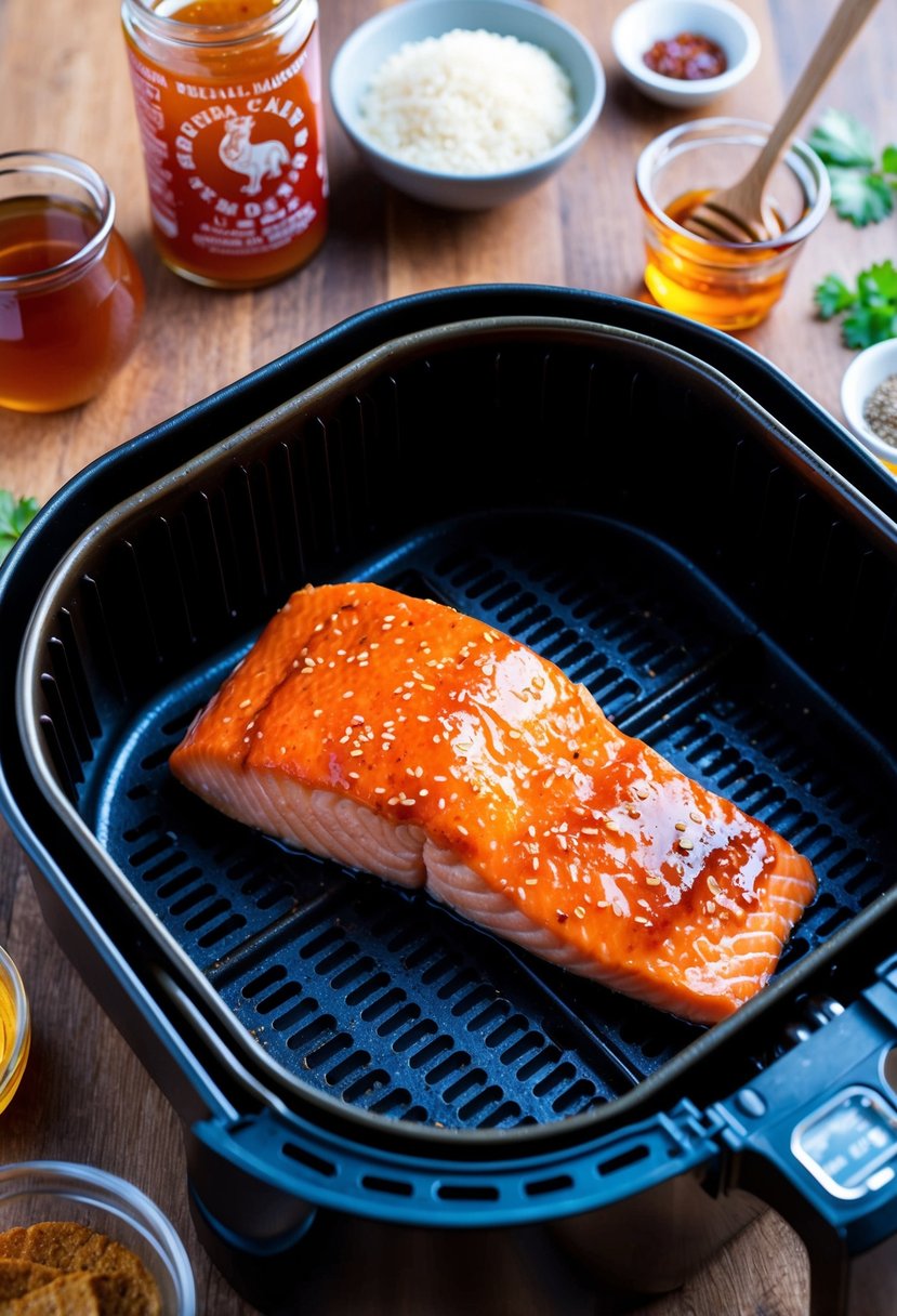 A salmon fillet coated in sriracha honey glaze sits in an air fryer basket, surrounded by ingredients like honey and spices