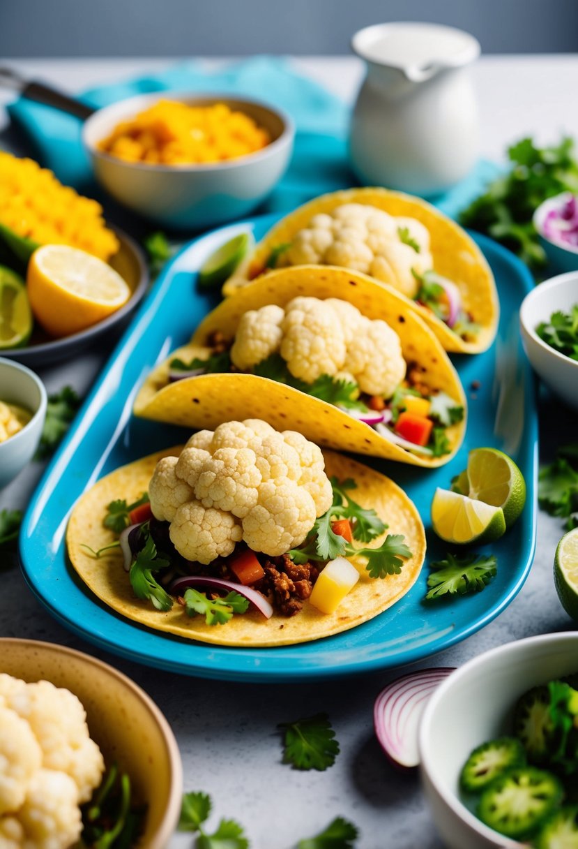 A table set with colorful cauliflower tortilla tacos, surrounded by fresh ingredients and kitchen utensils