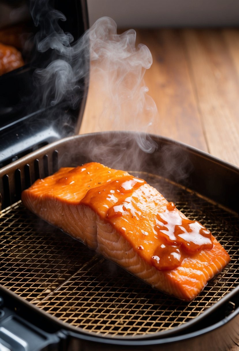 A golden-brown salmon fillet coated in honey teriyaki sauce sits in an air fryer basket, surrounded by a light mist of steam