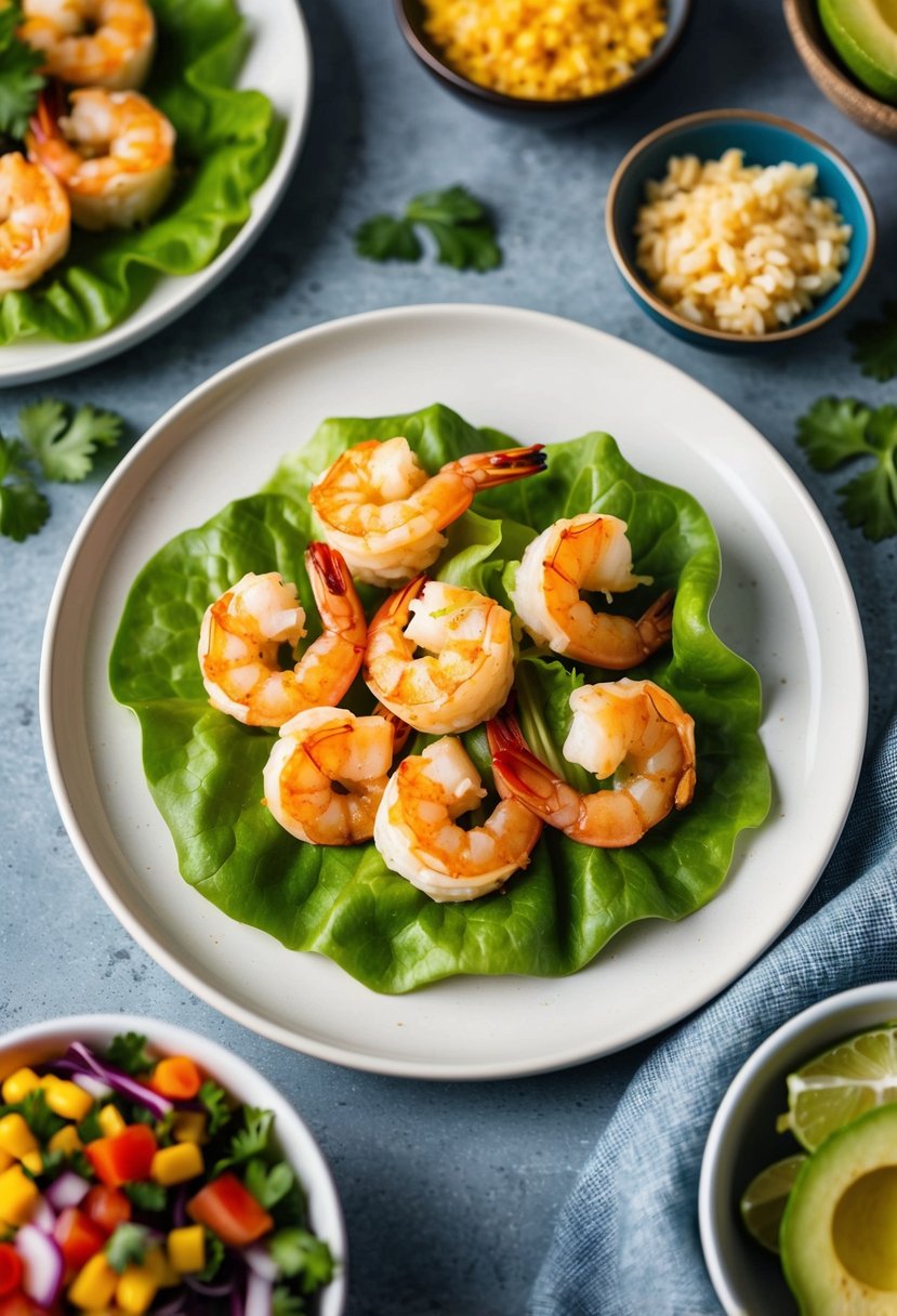 A plate of spicy shrimp lettuce wraps surrounded by colorful low-carb taco ingredients