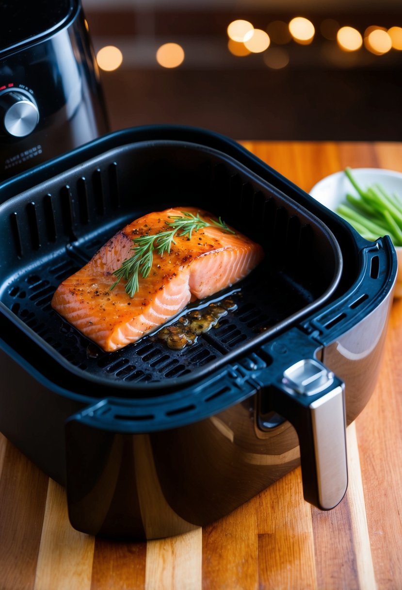 A succulent honey soy salmon fillet sizzling in an air fryer