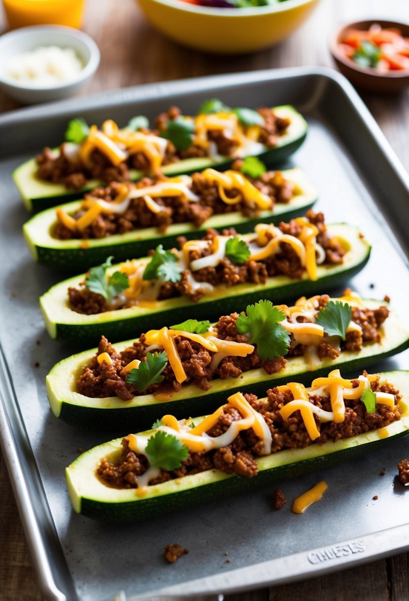 Zucchini boats filled with seasoned ground beef, cheese, and taco toppings, arranged on a baking sheet