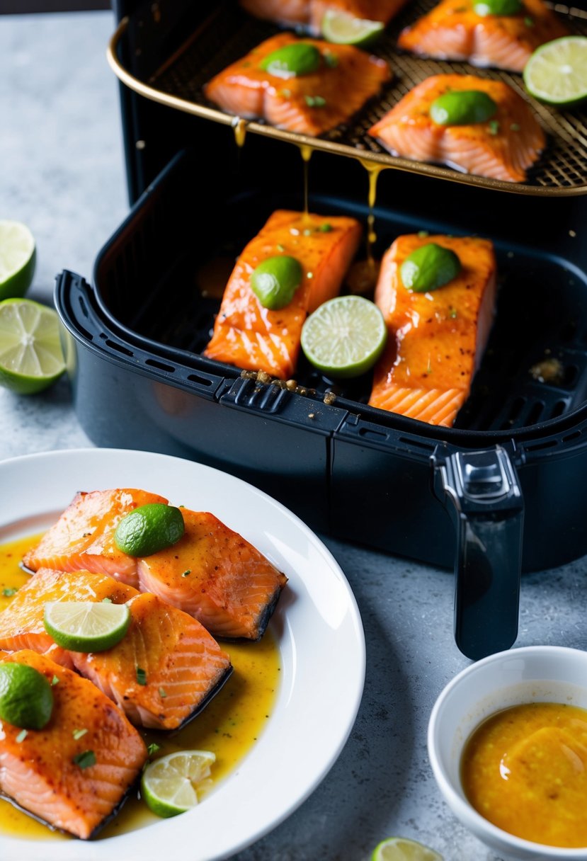 A platter of ginger honey salmon fillets cooking in an air fryer, drizzled with lime and honey glaze