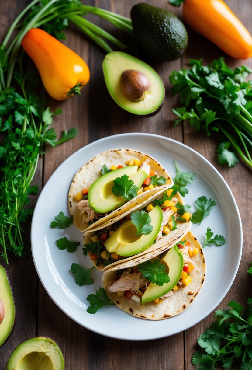 A wooden table with three chicken avocado tacos on a plate, surrounded by colorful vegetables and herbs