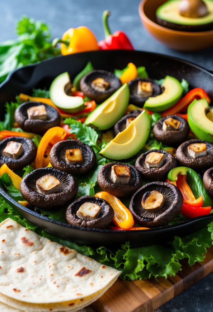 A sizzling skillet of grilled portobello mushrooms, colorful bell peppers, and fresh avocado slices, served on a bed of lettuce with a side of low-carb tortillas